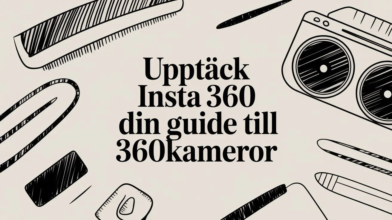 Skissliknande illustration med text Upptäck Insta 360 din guide till 360kameror och ritade tekniska tillbehör
