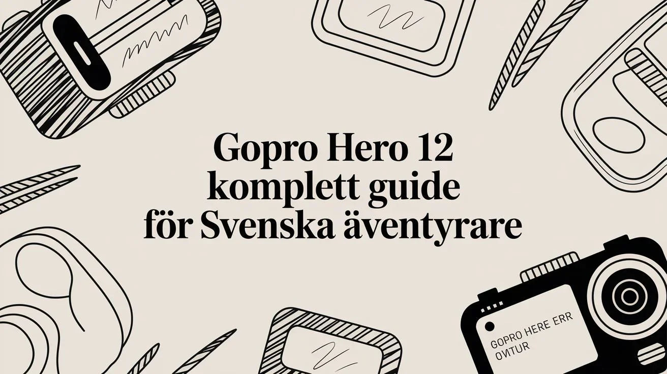 Illustration med text om GoPro Hero 12 komplett guide för svenska äventyrare med tecknade kameror
