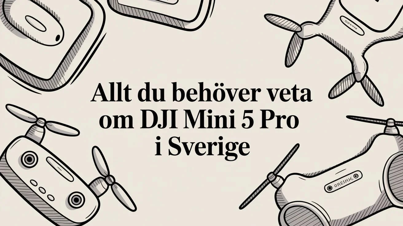 Svartvit illustration av DJI Mini 5 Pro-drönare med text "Allt du behöver veta om DJI Mini 5 Pro i Sverige"