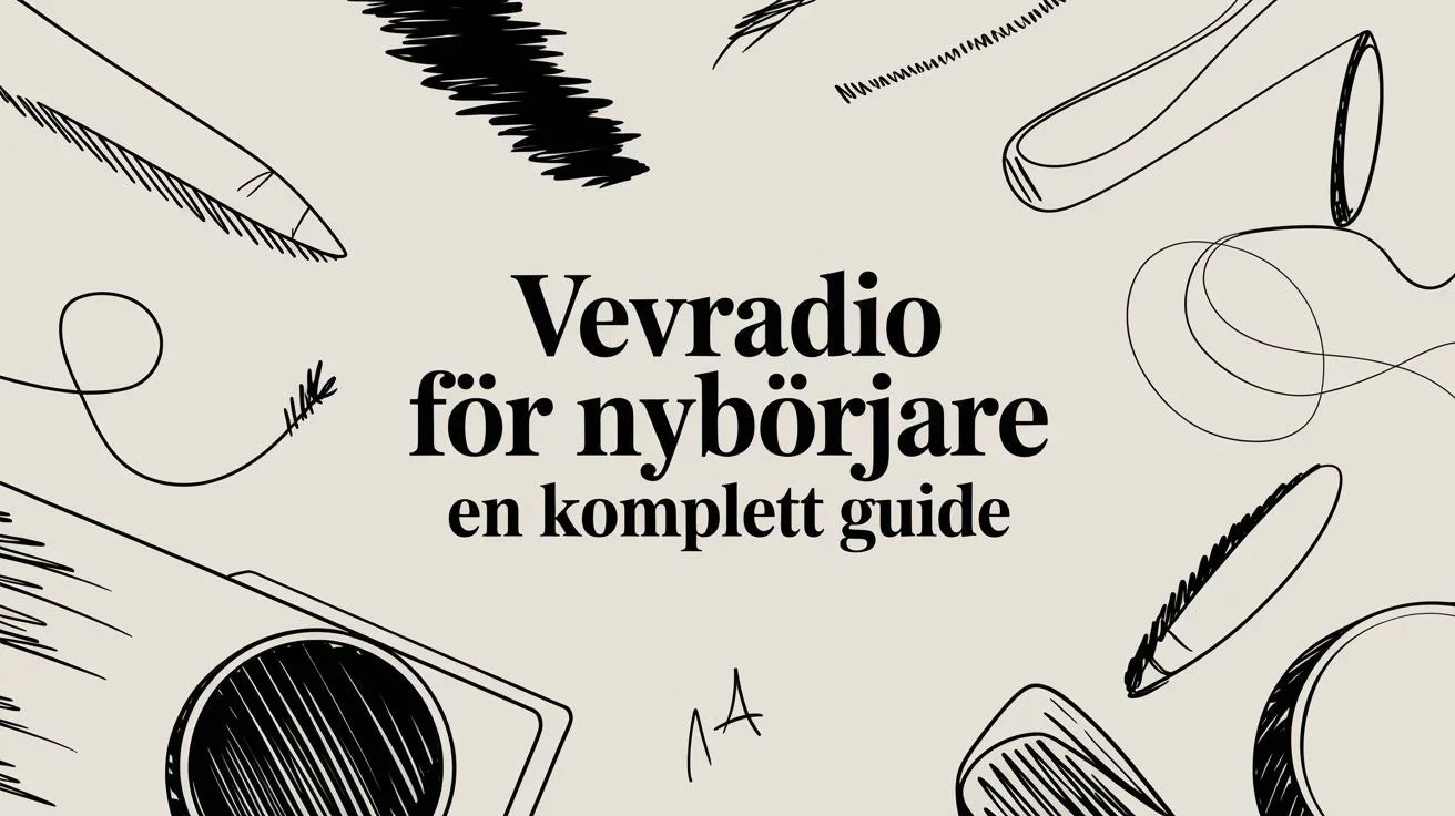 Illustrerad guide för nybörjare om vevradio med svarta teckningar av vevradiosdelar på ljus bakgrund