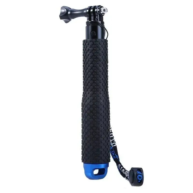 Svart och blått grepp med texturerad yta och handrem för actionkamera eller GoPro