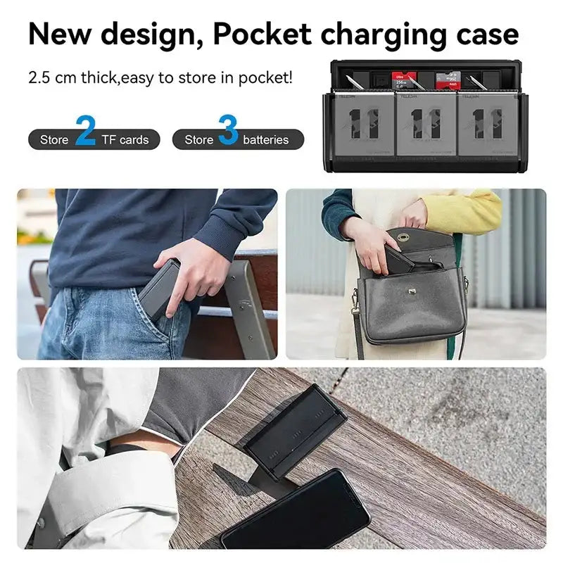 Telesin Batteriladdare Pocket Box med förvaring för 3st batterier + 2st microSD - För GoPro Hero12/11/10/9 Black - Action King