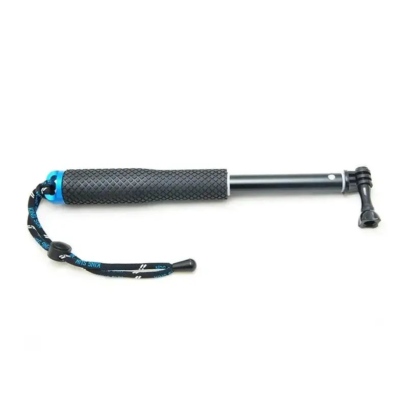 Svart och blått teleskopiskt kamerastativ med handtag och justerbar rem för kameror