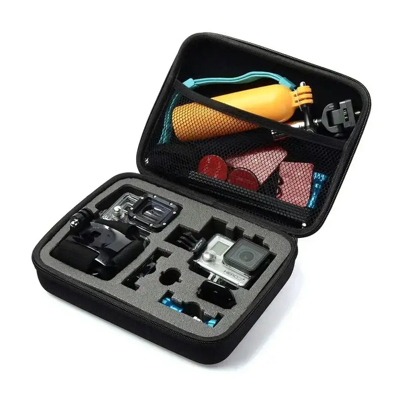 Svart förvaringsväska med GoPro HERO3 kamera, tillbehör och flytande handtag för actionkamera