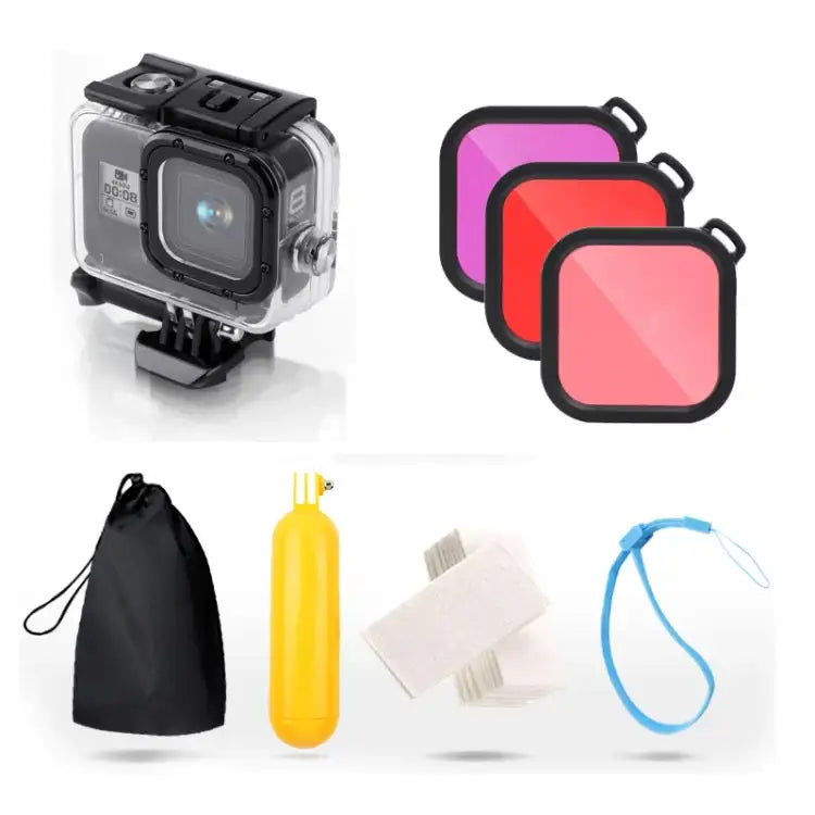 For GoPro HERO8 Black 45m Waterproof Housing Protective Case with Buckle Basic Mount & Screw & (Purple, Red, Pink) Filters & Floating Bobber Grip & Strap & Anti-Fog Inserts - Action King