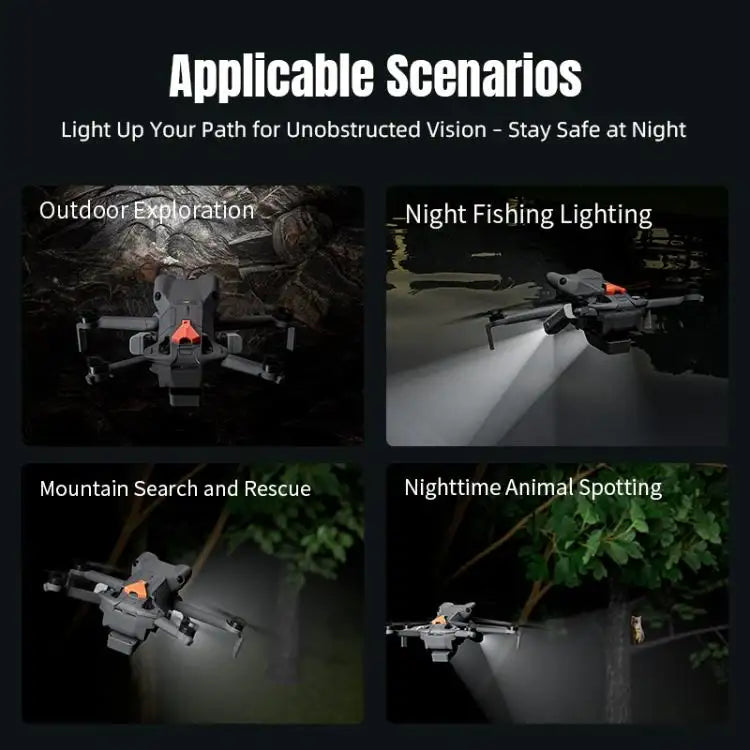 STARTRC Nattlampa för DJI Mini 5 Pro, monterad på drönaren, med LED-ljus tända i mörkret.