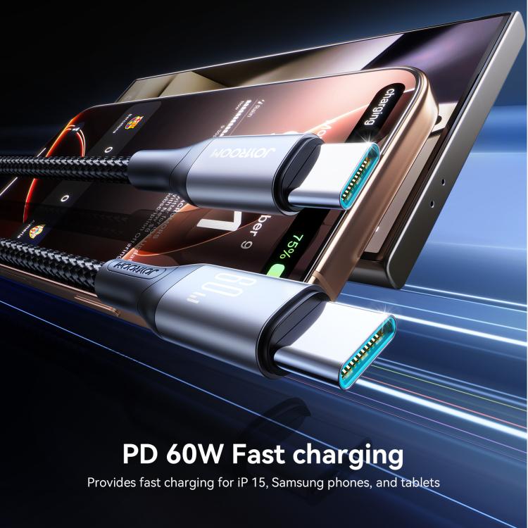 JOYROOM USB-C Laddkabel för snabbladdning 60W, flätad nylon, grå. Supersnabb och hållbar.