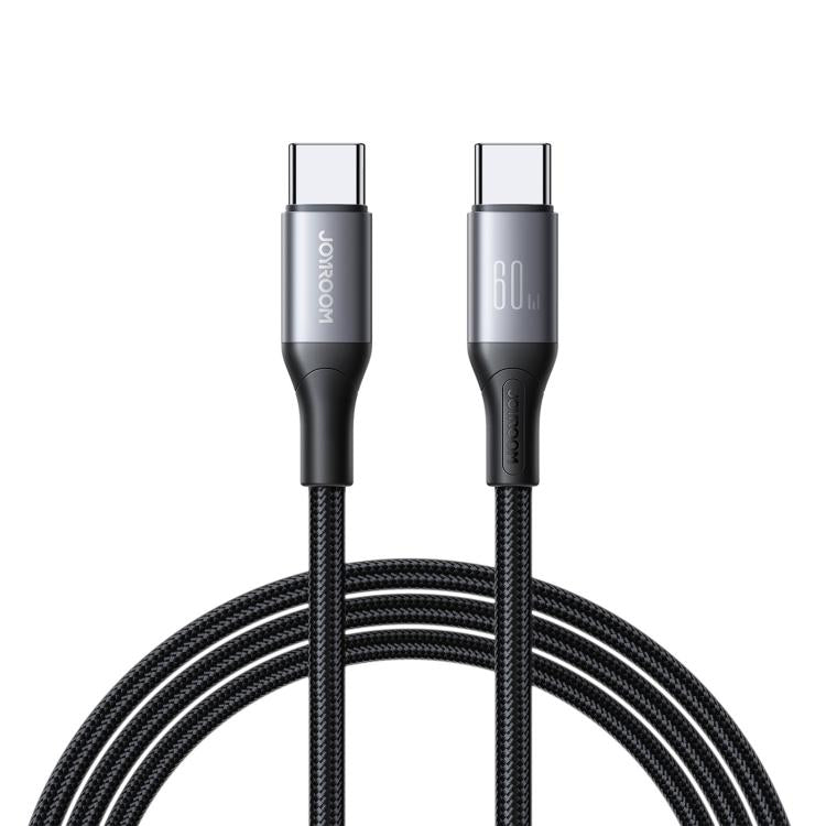 JOYROOM USB-C Laddkabel (60W) för snabbladdning, svart, närbild från sidan med metallkontakter och tygbeklädd kabel.