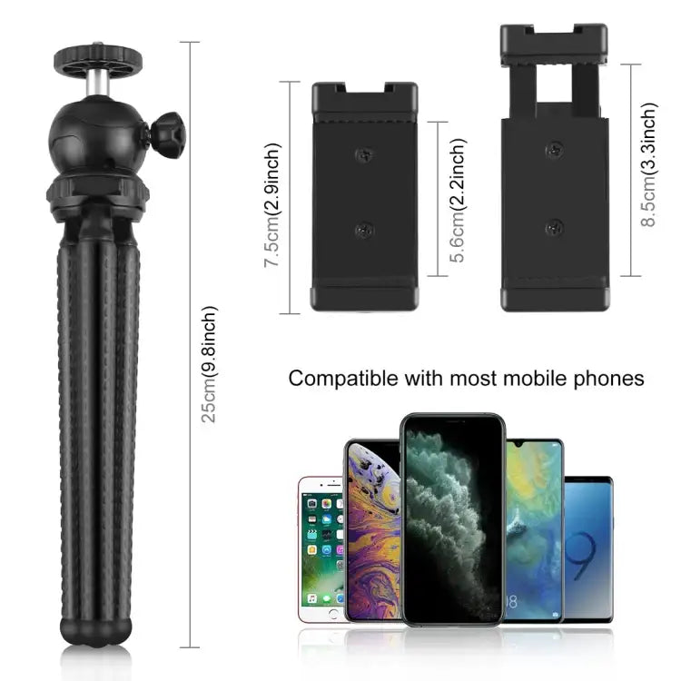 PULUZ Mini Octopus Flexible Tripod Holder with Ball Head & Phone Clamp + Tripod Mount Adapter & Long Screw for SLR Cameras, GoPro, Cellphone, Size: 25cmx4.5cm - Action King