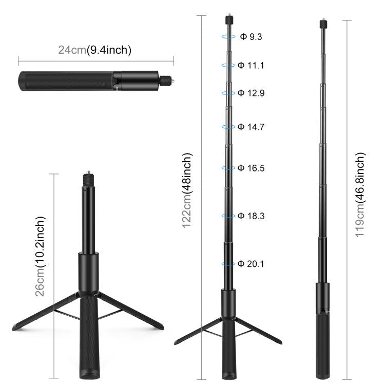 PULUZ 1.22m Utdragbar Selfiepinne, osynlig med Insta360 kameror, perfekt för actionfoton.