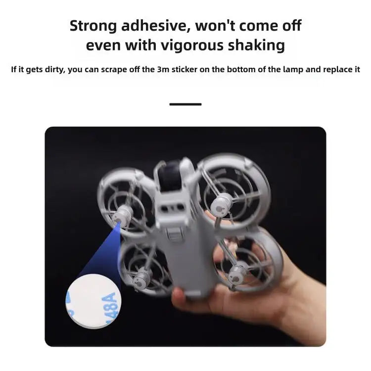 DJI Neo 2 LED lampor förbättrar drönarens synlighet och prestanda med starkt ljus.