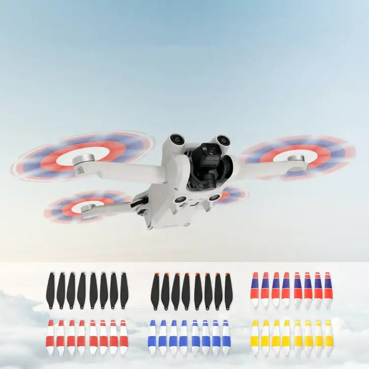 8st dubbelsidiga 6030F drönarpropellrar för DJI Mini 4/3 Pro. Färg: orange/silver/vit/blå. Låg ljudnivå.