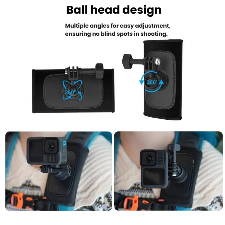 Universellt axelremsfäste med roterande kulled för kameror och väskor.